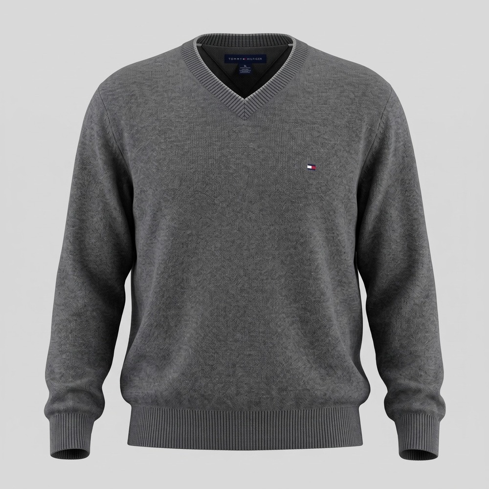 Tommy Hilfiger Mens XL Gray Sweater V-Neck Cotton Long Sleeve Flag Logo Pullover